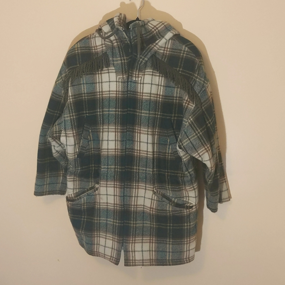 Utex| Vintage Green and Cream Plaid Fall- Winter Jacket With Hood and 4 Pockets
